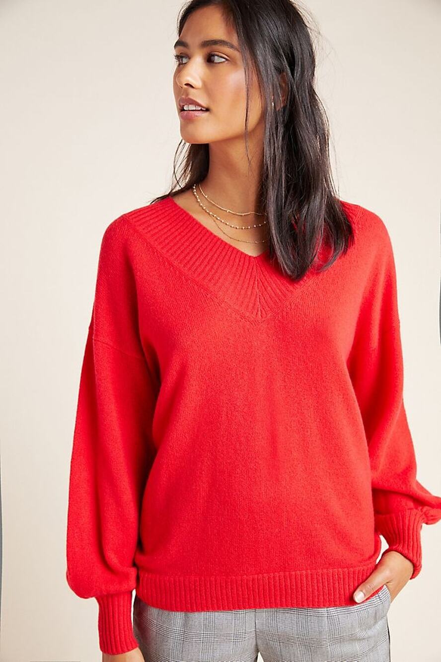 New Anthropologie Maisie Striped V-neck Cashmere Sweater by Charli $274 XS Red